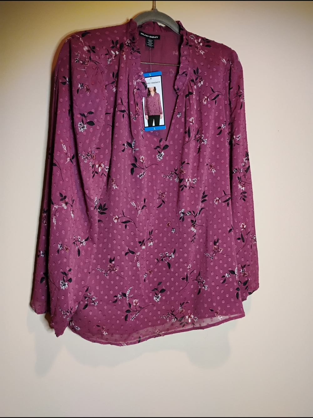 Hilary Radley Burgandy/Multicolor Floral V-Neck Long Sleeve Blouse Large